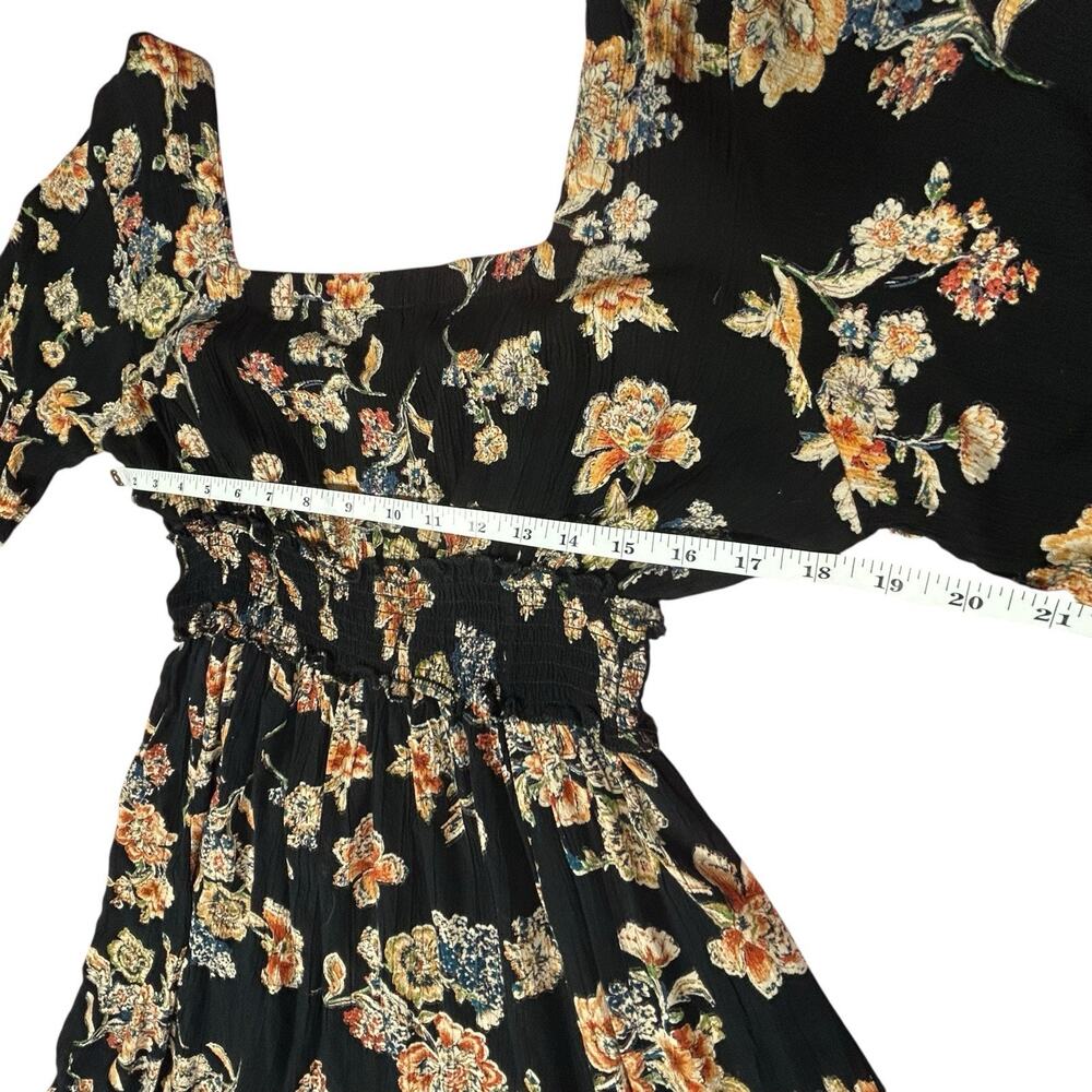 ANGIE Women’s Black Midi Dress Sz L Flowy Boho Floral High Low Smocked Slit - Picture 12 of 16